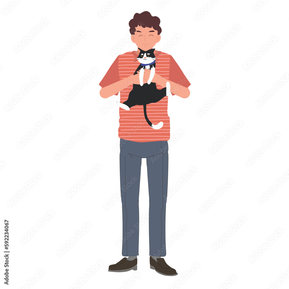 Cat lovers concept. a man holding, hugging, kissing his cat with love as a cat person. Flat vector cartoon illustration Cat lovers concept. a man holding, hugging, kissing his cat with love as a cat person. Flat vector cartoon illustration