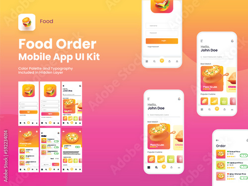 Online Food Order Mobile App UI Kit Including Login, Register, Food Menu, Payment And Order Confirmation Screens.