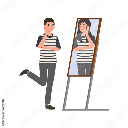 transgender concept. an unhappy man looking shadow himself through mirror, he want to be a woman. Man transgender looking in mirror and seeing woman