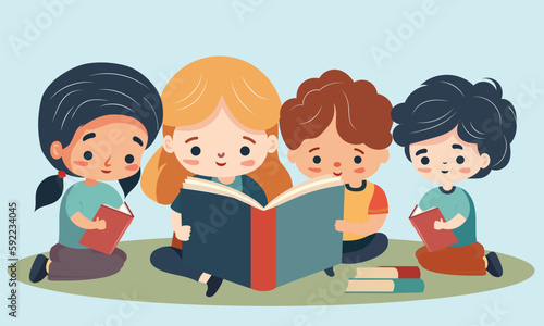 Children Characters  Reading Books Together In Sitting Pose.