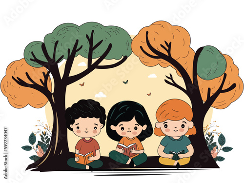 Children Sitting Under The Tree And Reading Books On Nature Background.