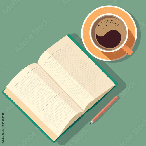 Top View of Open Book or Diary With Blank Pages, Pencil, Tea Cup Element On Pastel Green Background.