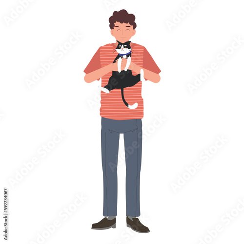 Cat lovers concept. a man holding, hugging, kissing his cat with love as a cat person. Flat vector cartoon illustration