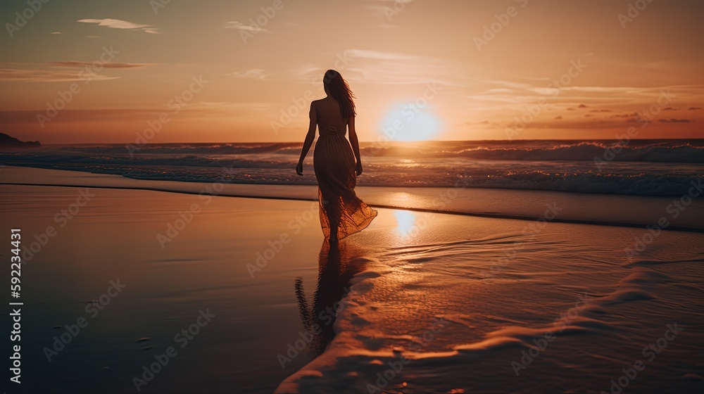 a beautiful woman walking at beach shore during twilight, idea for hope and happiness, healthy mind concept, Generative Ai a beautiful woman walking at beach shore during twilight, idea for hope and happiness, healthy mind concept, Generative Ai