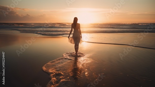 a beautiful woman walking at beach shore during twilight, idea for hope and happiness, healthy mind concept, Generative Ai