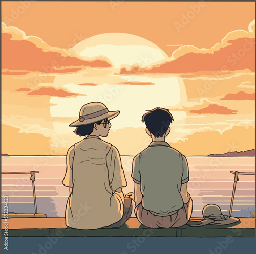 Romantic image of a couple standing with their backs. man and woman on the background of the sunset. Vector illustration
