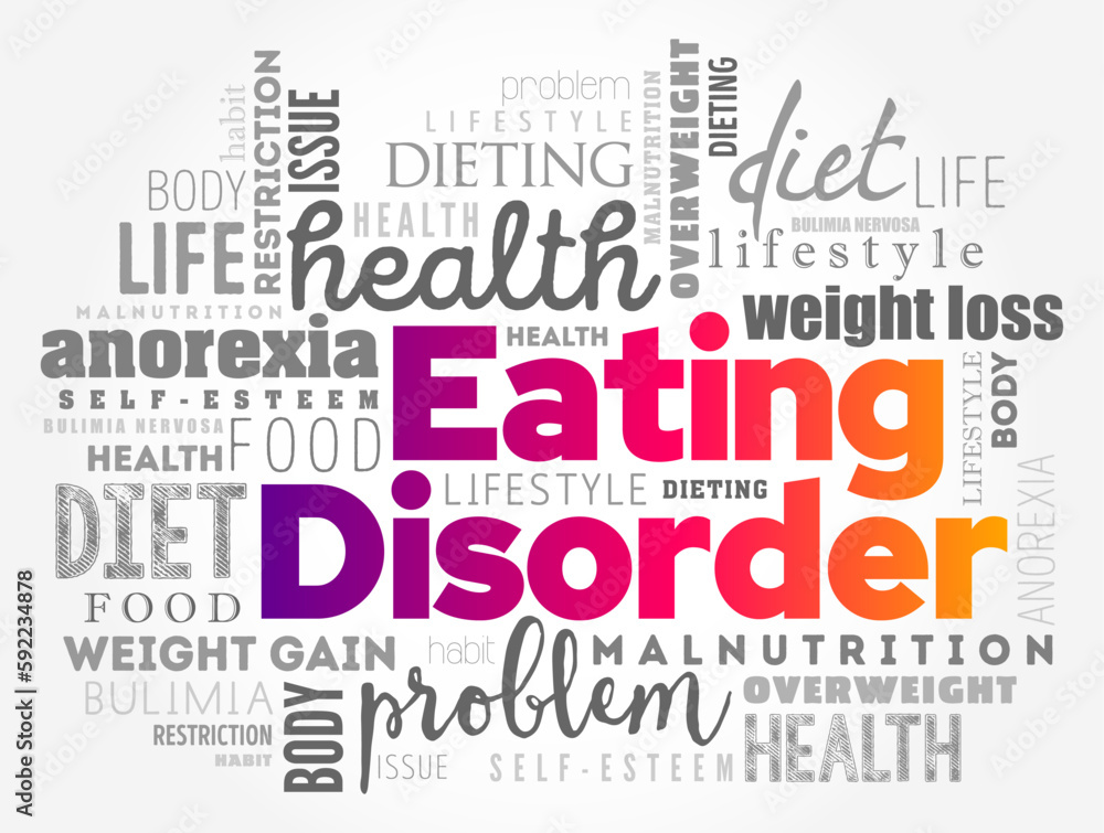 Eating Disorder is a mental disorder defined by abnormal eating behaviors that negatively affect a person's physical or mental health, word cloud concept background