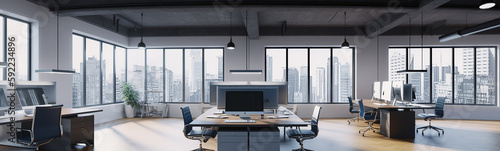 Panorama images of office interiors Generative AI © bahadirbermekphoto