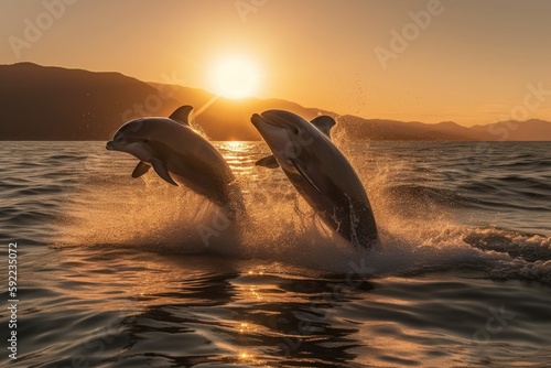 Dolphins Playing in the Water During Sunset © Arthur