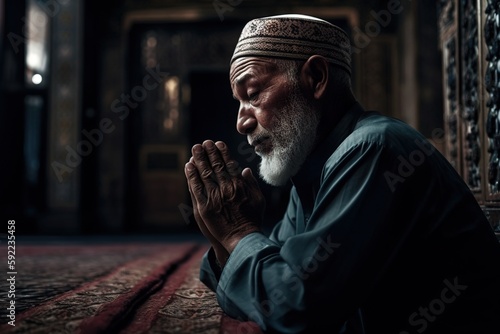 A man praying at a mosque. Man s devotion as he prays. The mosque be shown in the background to emphasis on the spiritual aspect of Ramadan. Generative AI.