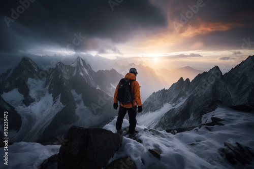 Hiker in snowy mountains at sunset. Not an actual real person. Digitally generated AI image