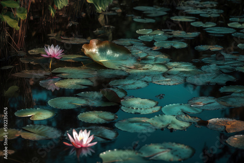 Water lilies on lake. Digitally generated ai image