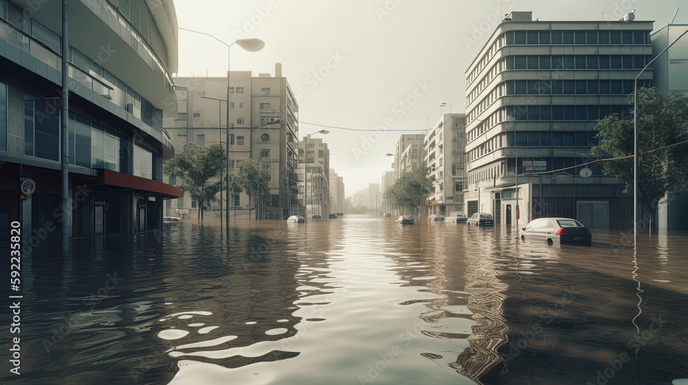 cars and urban town during flood full of muddy water, nature disaster support theme concept, Generative Ai
