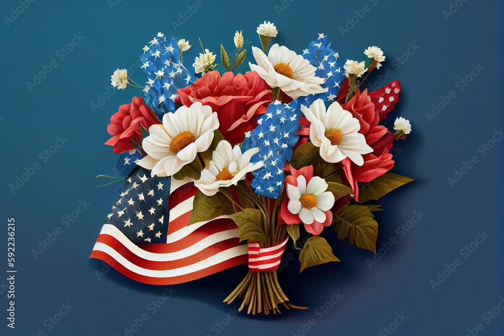 Happy Labor day. Memorial day with american flag and flower on wooden background. Generative Ai