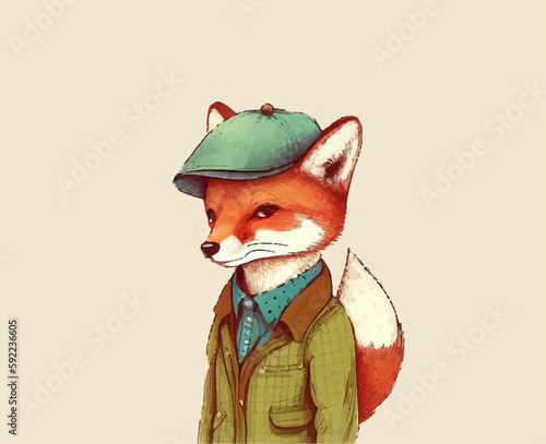 Cartoon fox in a cap with a sly look. Vector illustration