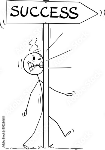 Person or Businessman on the Way for Success Hit the Arrow, Vector Cartoon Stick Figure Illustration