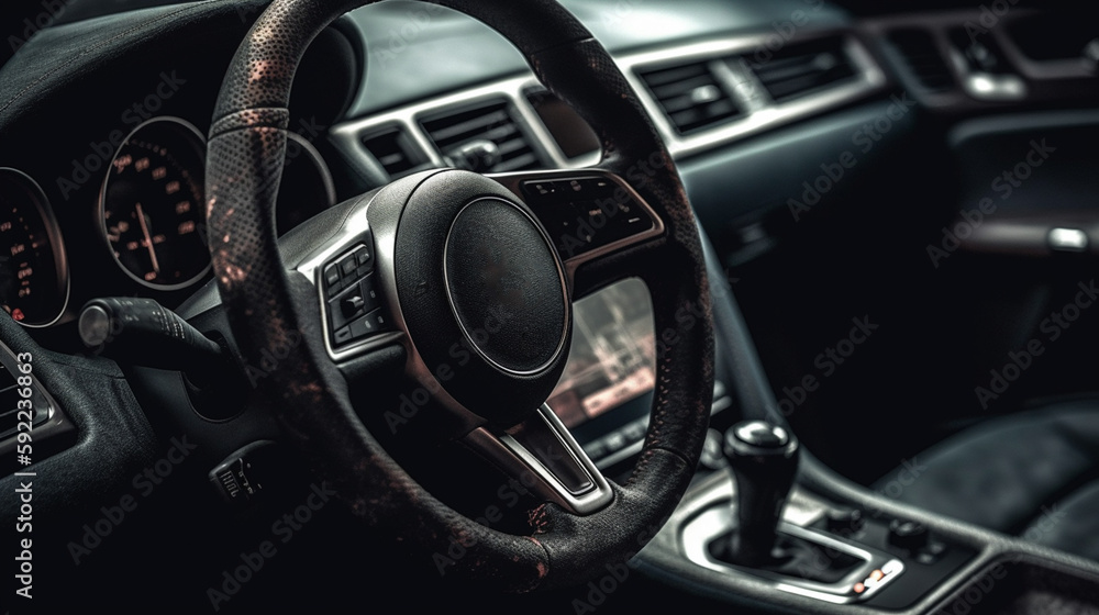 car steering wheel with a dashboard and gear shifter Generative AI