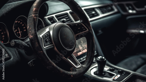 car steering wheel with a dashboard and gear shifter Generative AI © bahadirbermekphoto