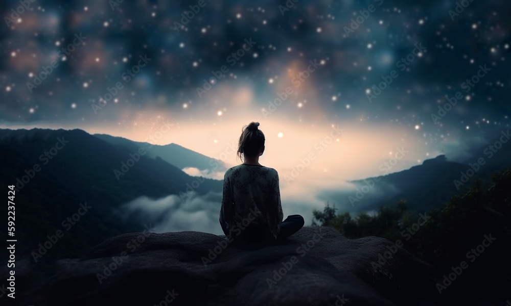 person silhouette sitting on the top of the mountain meditating or contemplating the starry night with Milky Way and Moon background yoga and meditation silhouette dreamy background