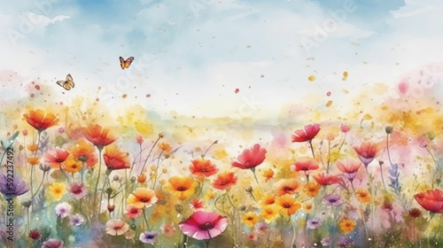 spring meadow full of blooming flowers and butterflies. Spring aquarelle wallpaper. watercolor © bahadirbermekphoto