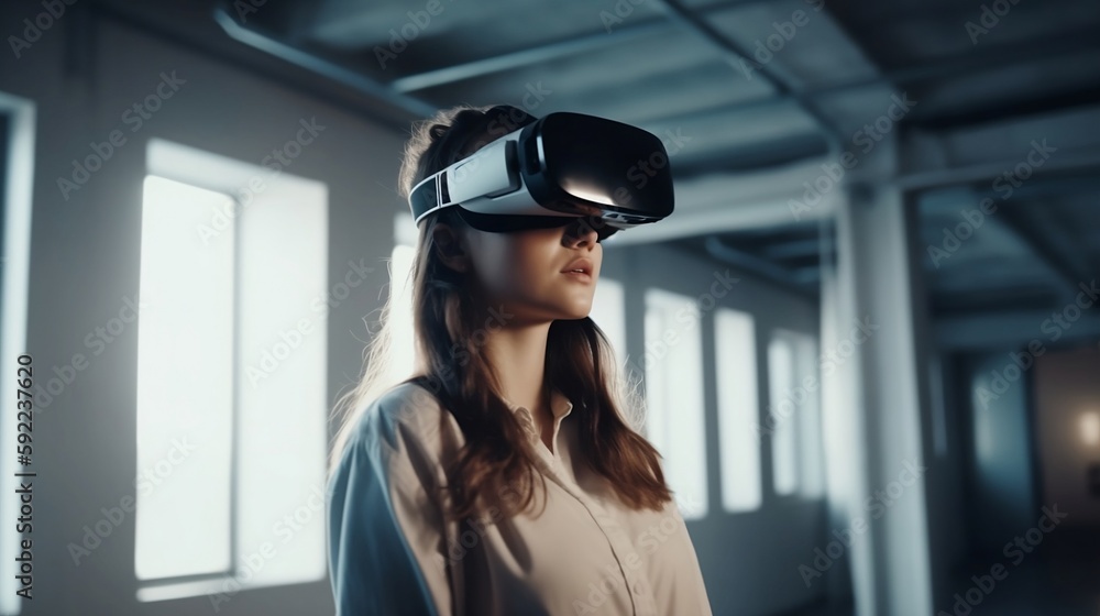 A woman wearing a VR headset is immersed in a metaverse world, where she interacts with various virtual reality objects. This abstract cyber world appears to be within an office setting. Generative AI A woman wearing a VR headset is immersed in a metaverse world, where she interacts with various virtual reality objects. This abstract cyber world appears to be within an office setting. Generative AI