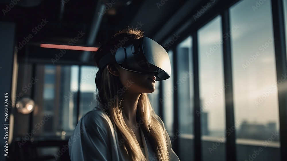 A woman wearing a VR headset is immersed in a metaverse world, where ...