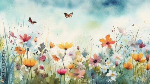 spring meadow full of blooming flowers and butterflies. Spring aquarelle wallpaper. watercolor