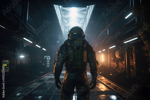 Astronaut in corridor of spacecraft. Futuristic interior and dark tones with neon lights from the ceiling. Digitally generated AI image