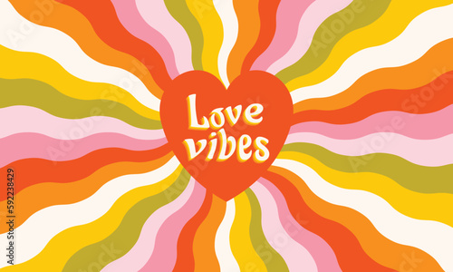 Love vibes retro cartoon poster. Abstract background with a positive quote. Vector clip art in groovy and preppy style. 