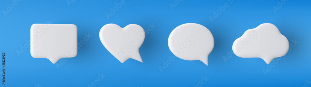 3D white speech bubble icon set on a blue background. - obrazy, fototapety, plakaty 