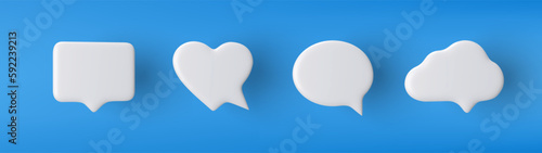 3D white speech bubble icon set on a blue background.