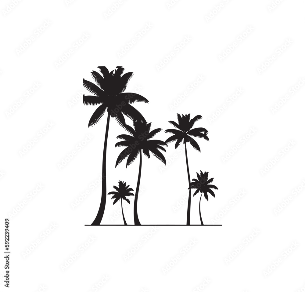 Five coconut trees silhouette vector art.