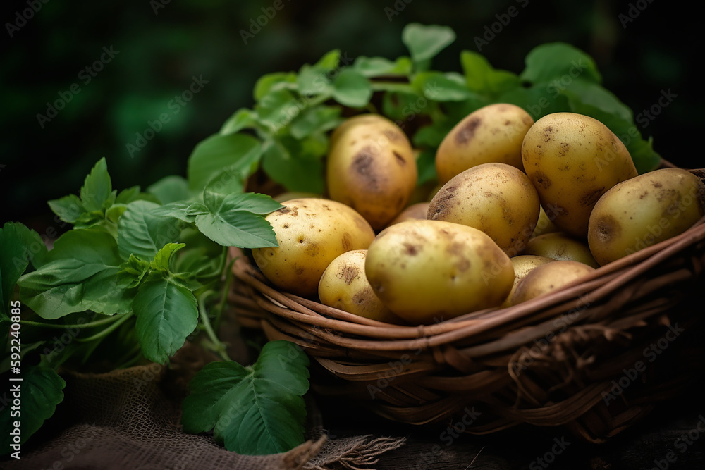 Potato on a wooden basket freshly harvested