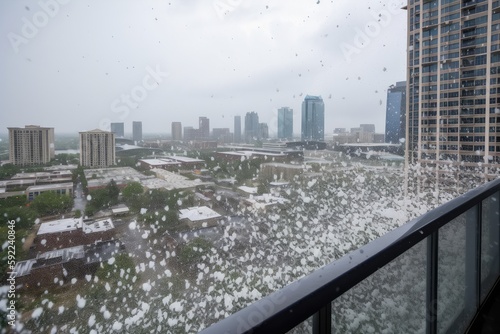 hail storm, with view of sprawling cityscape visible in the background, created with generative ai