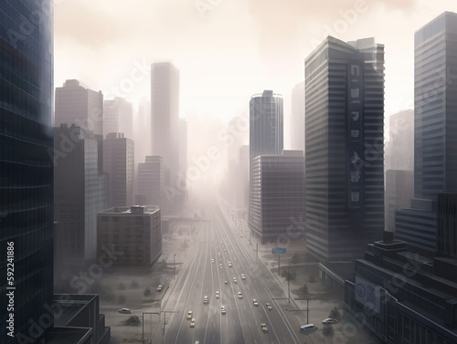 City with tall skyscrapers and a thick layer of smog and air pollution created by Generative AI