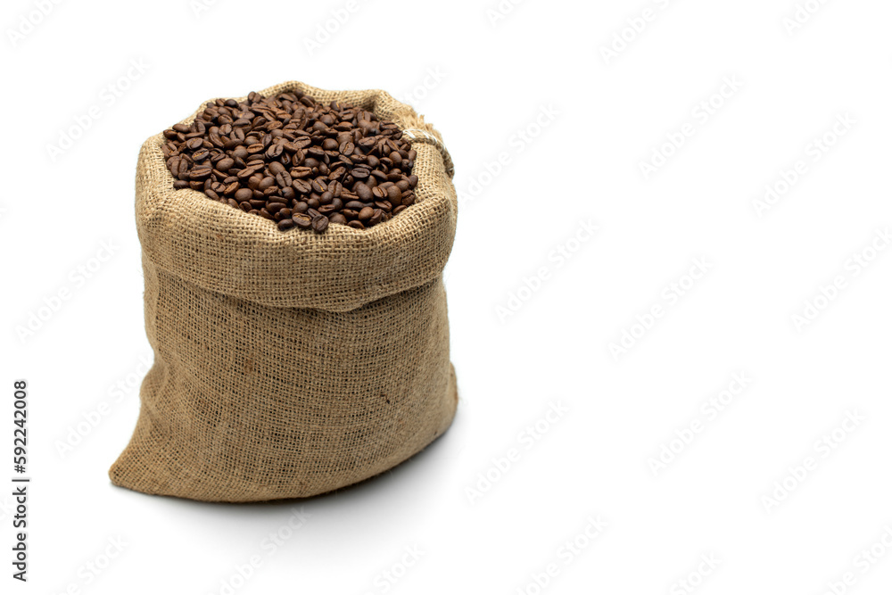 Coffee beans in burlap sack isolated on white background Coffee beans in burlap sack isolated on white background