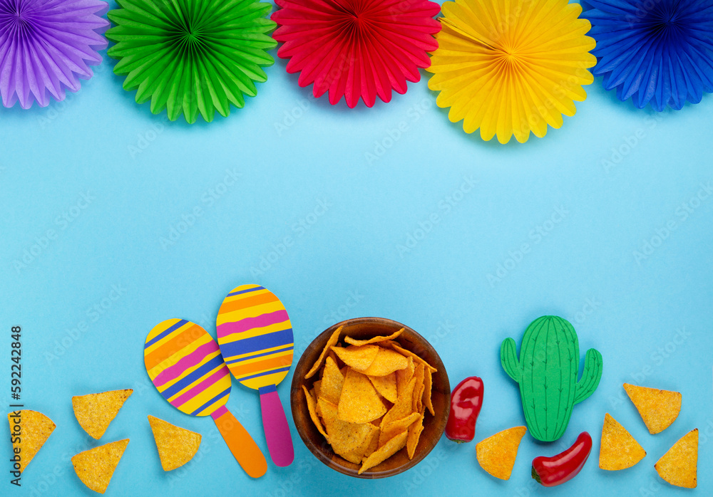 Cinco de Mayo (Fifth of May) Fiesta Celebration Concept on Blue Background.