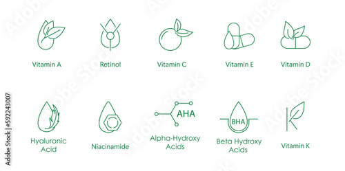vitamin a, retinol, vitamin c, e, vitamin d, hyaluronic acid, niacinamide, alpha hydroxy acid, beta hydroxy acid, vitamin k icon set vector illustration