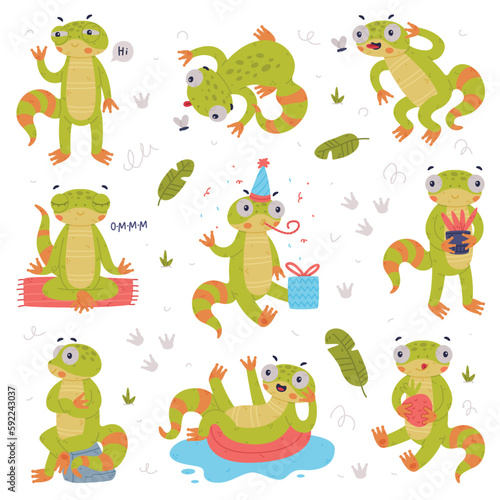 Funny Green Gecko Character Engaged in Different Activity Vector Set