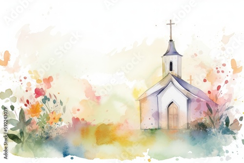 Obraz na plátne Watercolor Baptism Celebration Card with Church Frame  - Generative AI