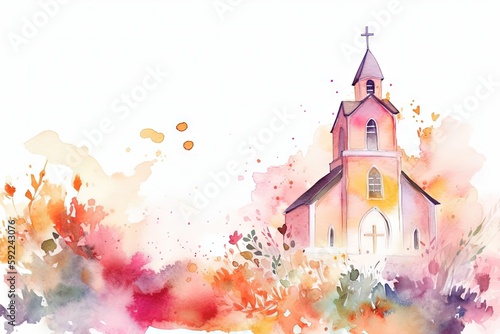 Fotografia, Obraz Watercolor Baptism Celebration Card with Church Frame  - Generative AI