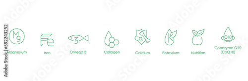Magnesium, iron, omega 3, collagen, calcium, potassium, nutrition, coenzyme 10 icon set vector illustration 