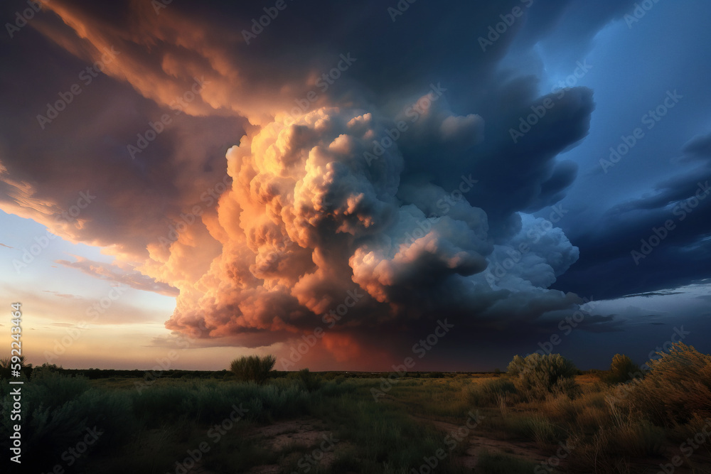 Hude storm clouds on sunset. Digitally generated ai image.
