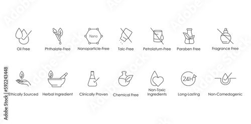 Oil free, phthalate free, nanoparticle free, petroleum free, peta approved, ethically sourced, clinically proven, no palm oil, non toxic ingredients icon set photo