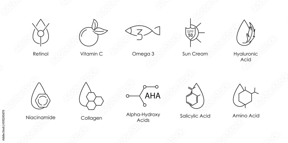 retinol, vitamin c, omega 3, sun cream, hyaluronic acid, niacinamide, collagen, alpha hydroxy acid, amino acid, salicylic acid icon set vector illustration retinol, vitamin c, omega 3, sun cream, hyaluronic acid, niacinamide, collagen, alpha hydroxy acid, amino acid, salicylic acid icon set vector illustration