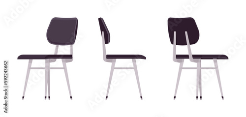 Comfortable family leisure black chair set. Kitchen, dining room, commercial, living space. Vector flat style cartoon home, office furniture articles isolated, white background front, side, rear view