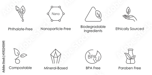 phthalate free, nanoparticle free, biodegradable ingredients, ethically sourced, compostable, mineral based, bpa free, paraben free icon set vector illustration 