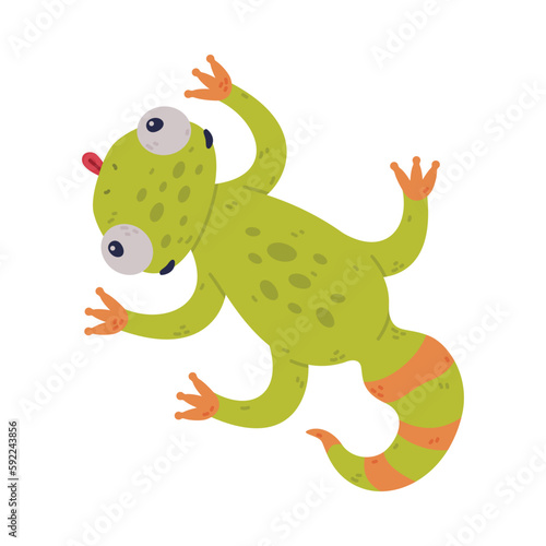 Funny Green Gecko Character Crawling on the Ground Vector Illustration