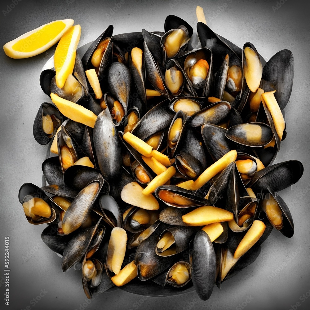 Moulesfrites Mussels and french fries, typical french dish, Lille