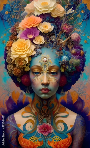 Portrait of a beautiful woman with fantasy make-up and flowers